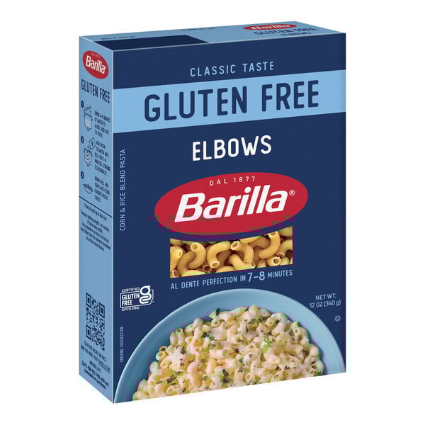 A box of Barilla gluten-free elbow pasta with a blue label.
