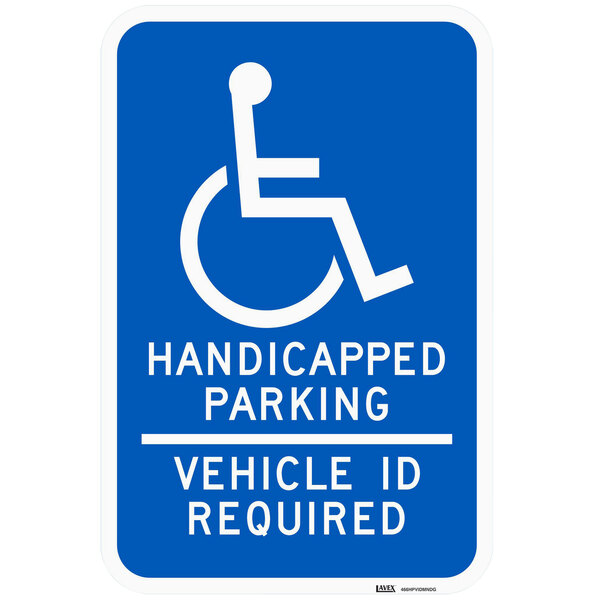 A blue Lavex Minnesota aluminum parking sign with white text reading "Handicapped Parking / Vehicle ID Required" above a white wheelchair symbol.