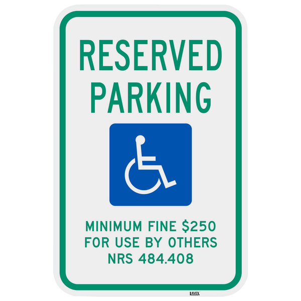 A blue and white aluminum parking sign that says "Handicapped Reserved Parking" with a wheelchair symbol.