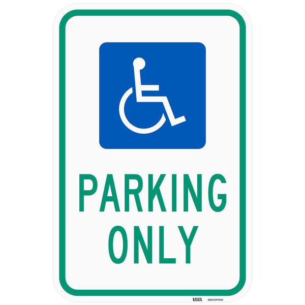 A blue aluminum parking sign with a white wheelchair symbol.