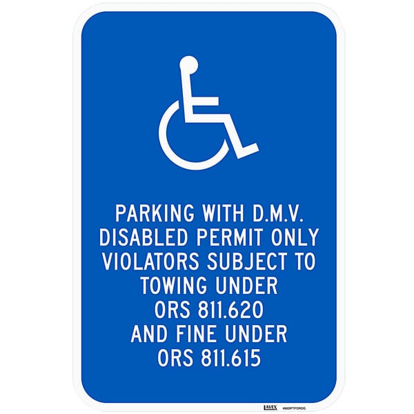 A blue Lavex aluminum sign with the words "Handicapped Parking With D.M.V. Disabled Permit Only" in white.