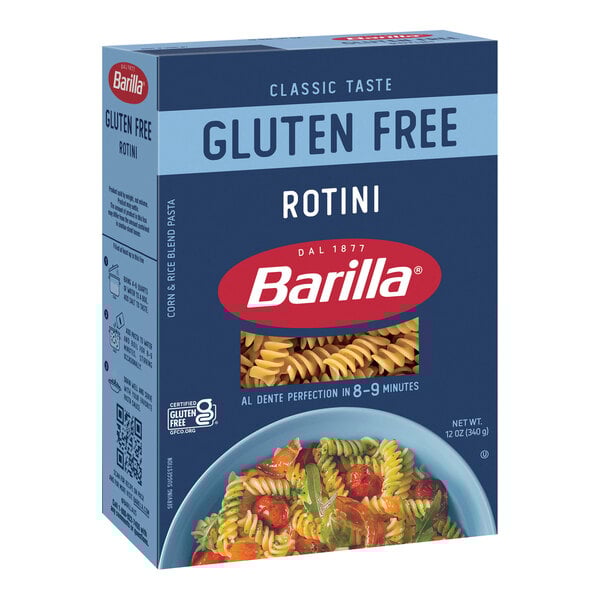 A blue and white box of Barilla Gluten-Free Rotini Pasta.