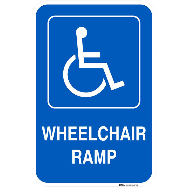 A blue Lavex aluminum sign with a white wheelchair symbol and white letters reading "Wheelchair Ramp"