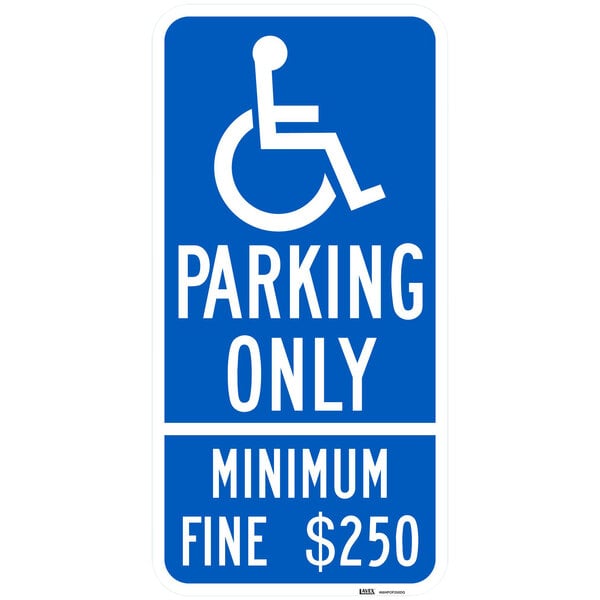 A blue sign with white text reading "Handicapped Parking Only" and a white symbol.