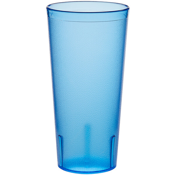 A blue plastic Choice tumbler with a white background.