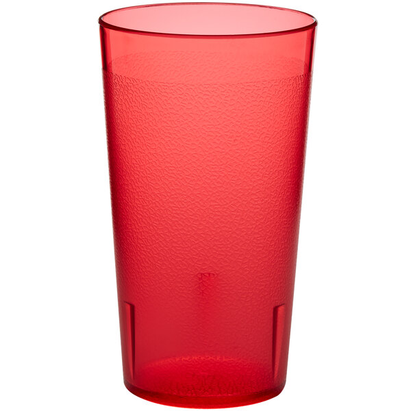 A close-up of a red plastic Choice pebbled tumbler.