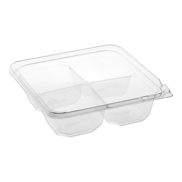 A clear plastic container with four compartments and a fitted lid.
