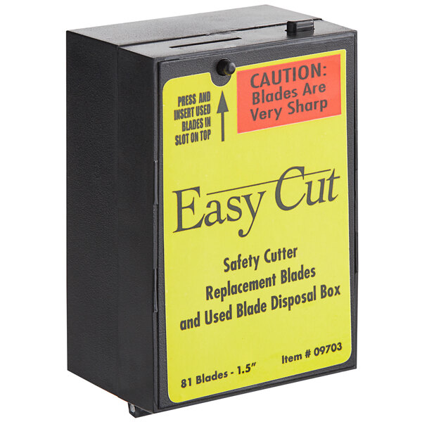 A yellow and black Garvey box with safety cutter blades inside.