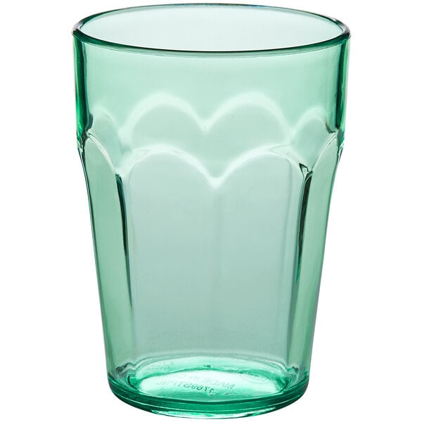 A green paneled plastic tumbler.