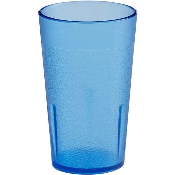 A blue plastic cup with a textured surface.