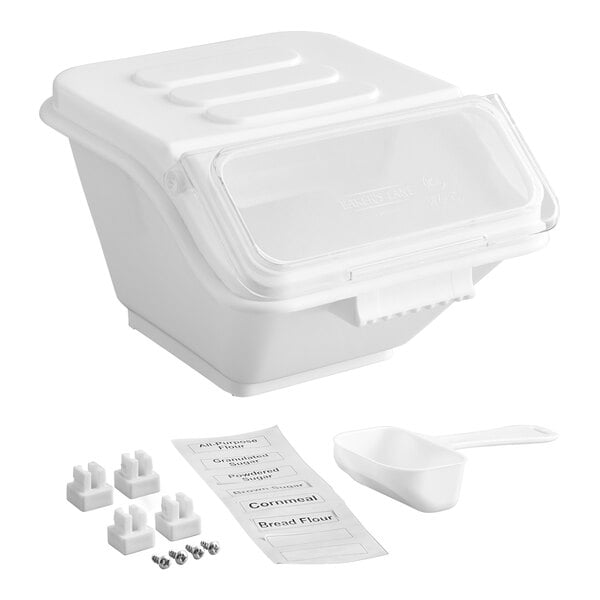 A white plastic container with a clear plastic lid and a scoop inside.