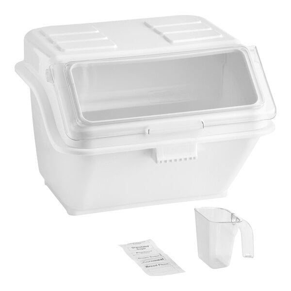 A white plastic ingredient bin with a flip lid, accompanied by a clear scoop and a label sheet.