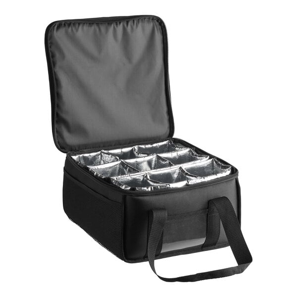 A black ServIt drink holder with silver foil inside.