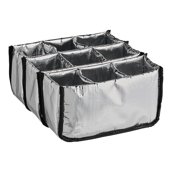 A silver tray with nine drink compartments.