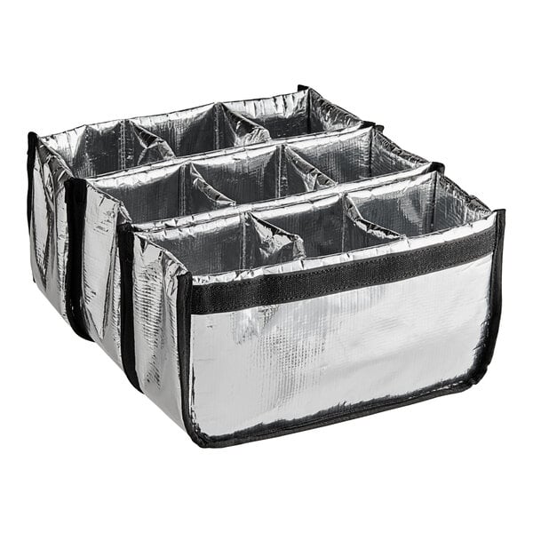 A silver tray with nine compartments inside a silver bag with black trim.
