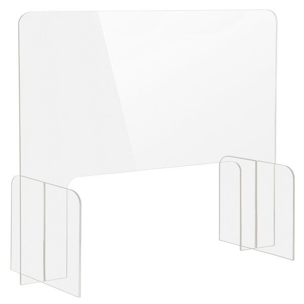 A clear rectangular table top safety shield with clear plastic holders.