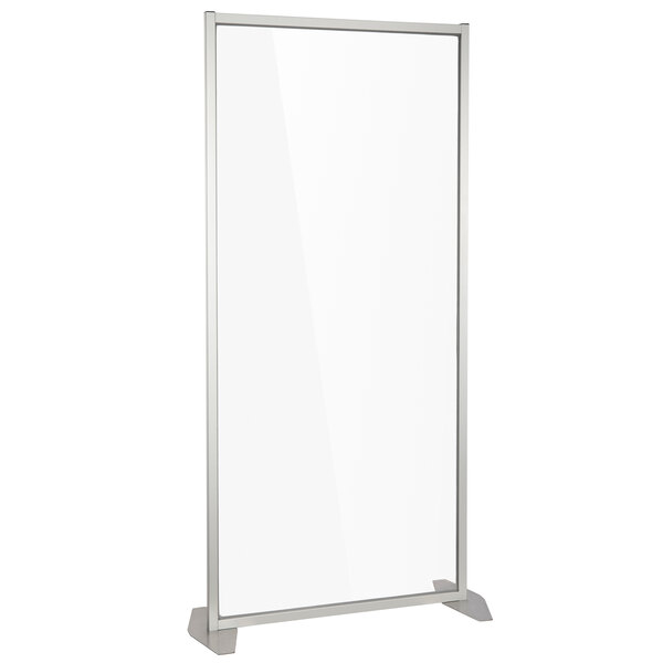 A white rectangular acrylic partition with a silver frame.
