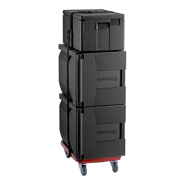 A black rectangular CaterGator pan carrier with wheels.
