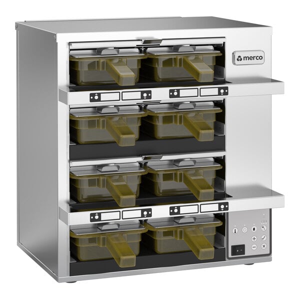 A stainless steel 4-shelf holding bin cabinet with eight removable pans and digital control panel, designed for food service use.
