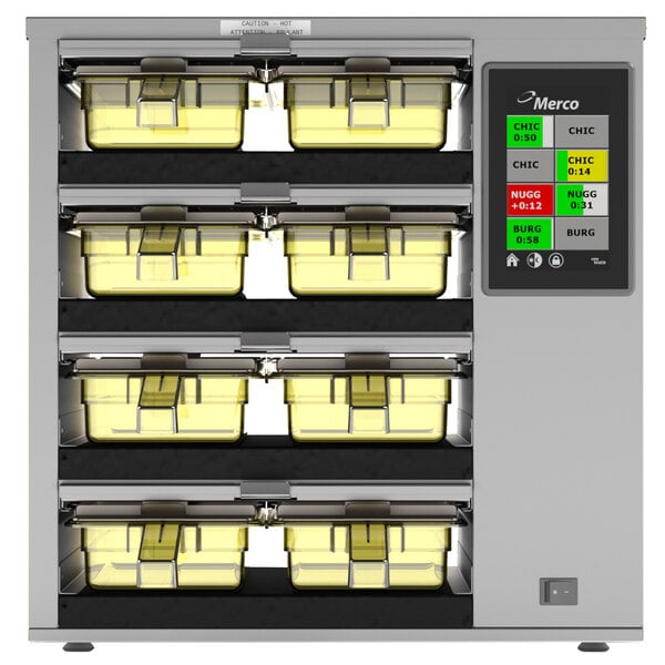 A white MercoMax holding bin cabinet with eight trays inside.