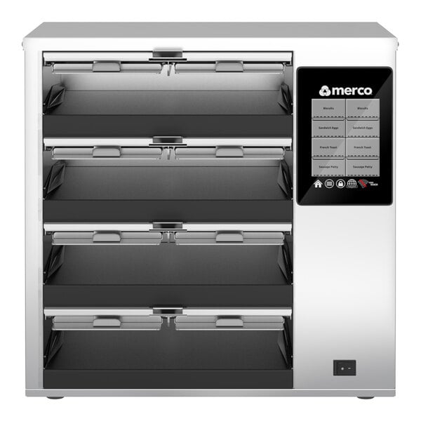 A stainless steel cabinet with four horizontal shelves, each divided into two sections, and a digital control panel on the right side.