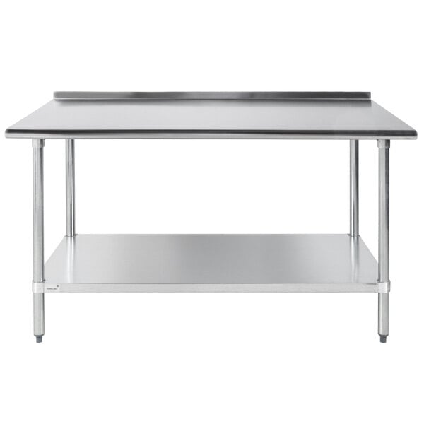 A stainless steel Advance Tabco work table with a galvanized undershelf.