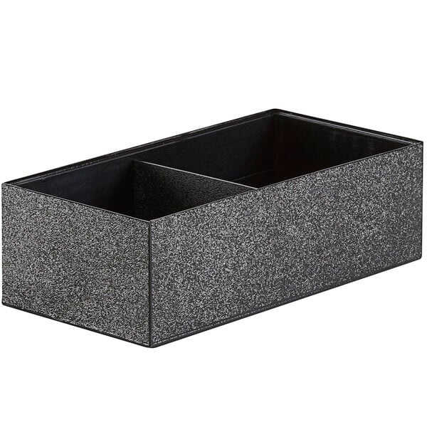 A black rectangular Cal-Mil condiment holder with two gray compartments.