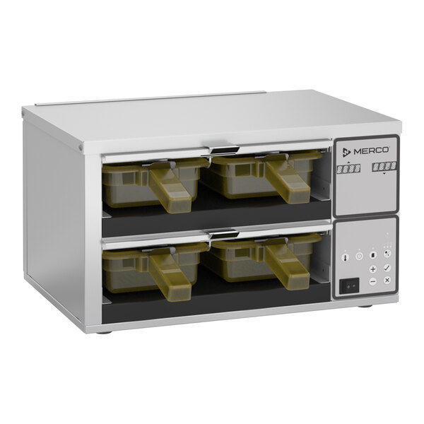 A stainless steel two-shelf holding bin cabinet with four removable pans and digital controls on the right side.
