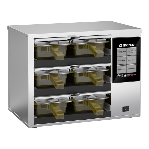 A stainless steel 3-shelf, 6-pan visual holding bin cabinet with a digital control panel on the right side.
