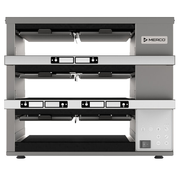 A MercoEco holding bin cabinet with three compartments and trays.