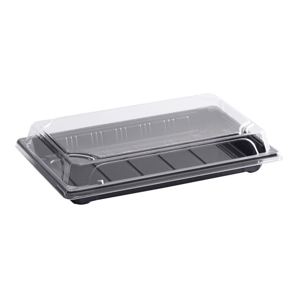 A rectangular extra large sushi container with a clear plastic lid and black base.