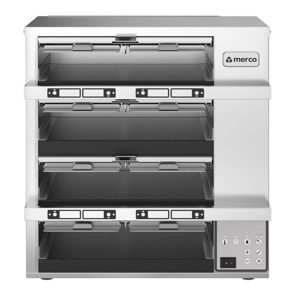 A stainless steel, multi-shelf holding bin cabinet with transparent doors and digital control panel on the lower right side.