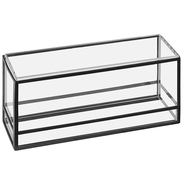 A black rectangular presentation case with a black frame around clear glass.