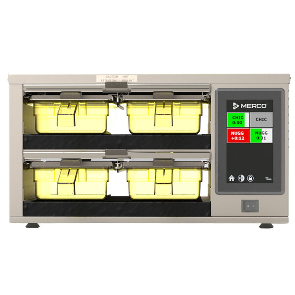 A white MercoMax holding bin with yellow trays inside.