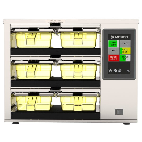 A white and silver MercoMax holding bin cabinet with yellow containers on the shelves.