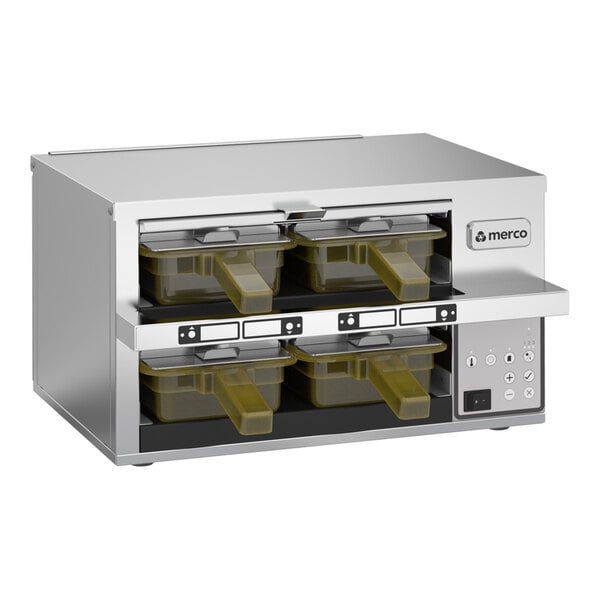 A stainless steel dual-shelf holding bin cabinet with four yellow-handled pans and a digital control panel.