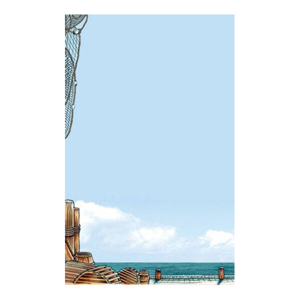 An illustration featuring a harbor scene with wooden barrels, a fishing net, and the ocean under a blue sky, leaving ample blank space in the center.