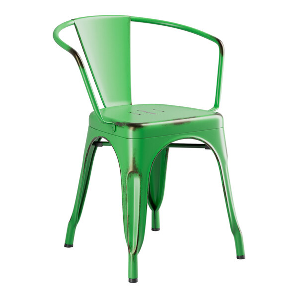 A Lancaster Table & Seating distressed jade green metal outdoor arm chair with black legs.