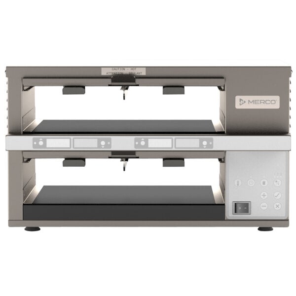 A MercoMax holding bin cabinet with two shelves and a timer bar.