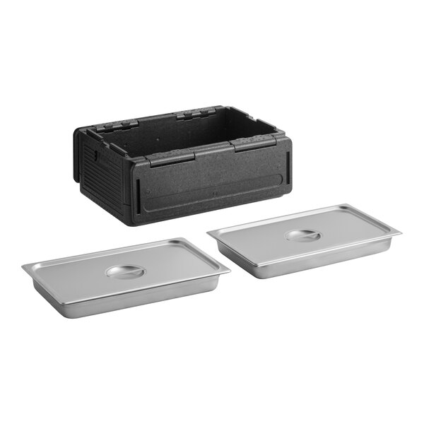A black insulated food pan carrier with two full-size stainless steel food pans and lids.