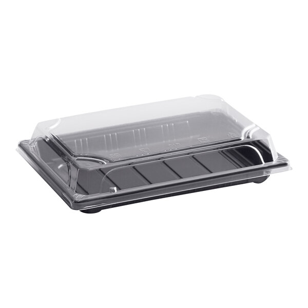 A rectangular plastic food container with a clear lid.