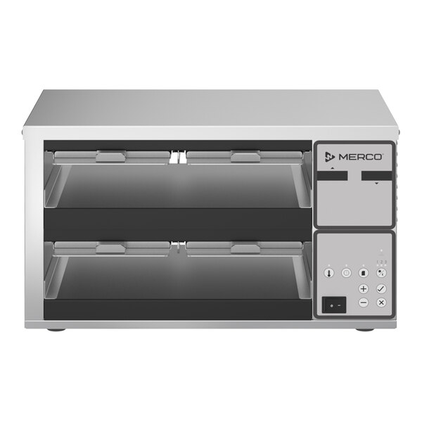 A stainless steel appliance with two horizontal shelves, a control panel on the right, and a digital display, likely used for holding or warming food.