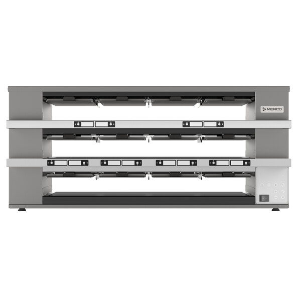 A grey Merco holding bin cabinet with two shelves on each side.