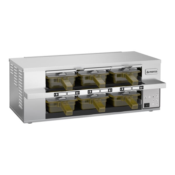 A stainless steel dual-shelf holding bin cabinet with six pans and a digital timer bar, designed for food service use.