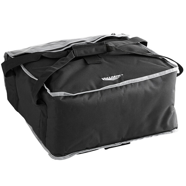 A black and grey insulated Vollrath pizza delivery bag with a strap and zipper.