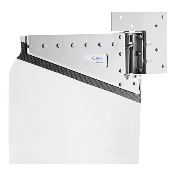 A white metal Curtron Polar-Pro swinging door with black stripes and a handle.