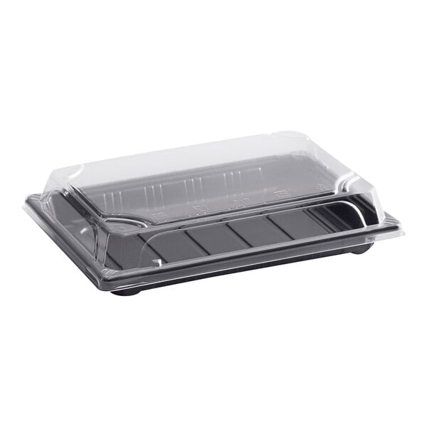 A rectangular plastic sushi container with a clear lid.