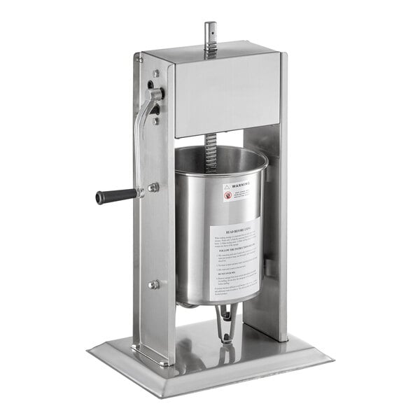 An Avantco stainless steel vertical manual sausage stuffer with stainless steel funnels and a handle.