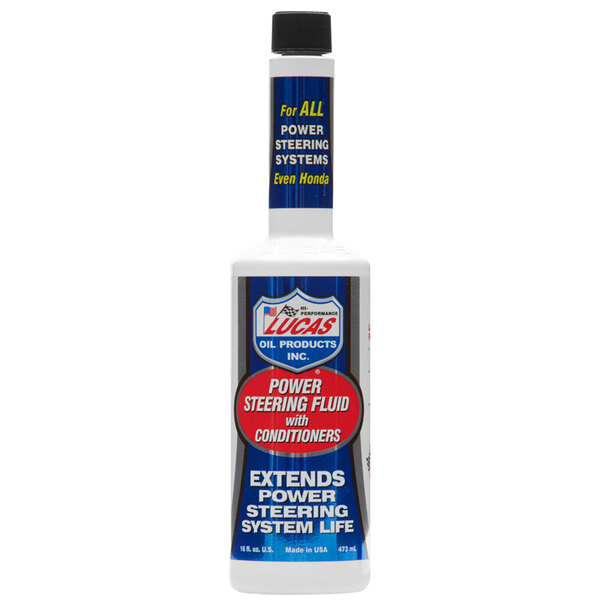 A white bottle of Lucas Oil Power Steering Fluid with a blue and red label.