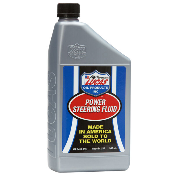 A grey bottle of Lucas Oil Power Steering Fluid with a blue label and a black cap.